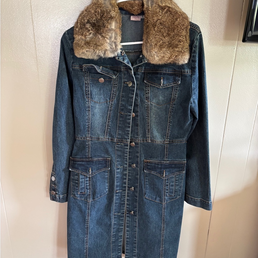 Blue and Brown Jean Jacket with Faux Fur Collar